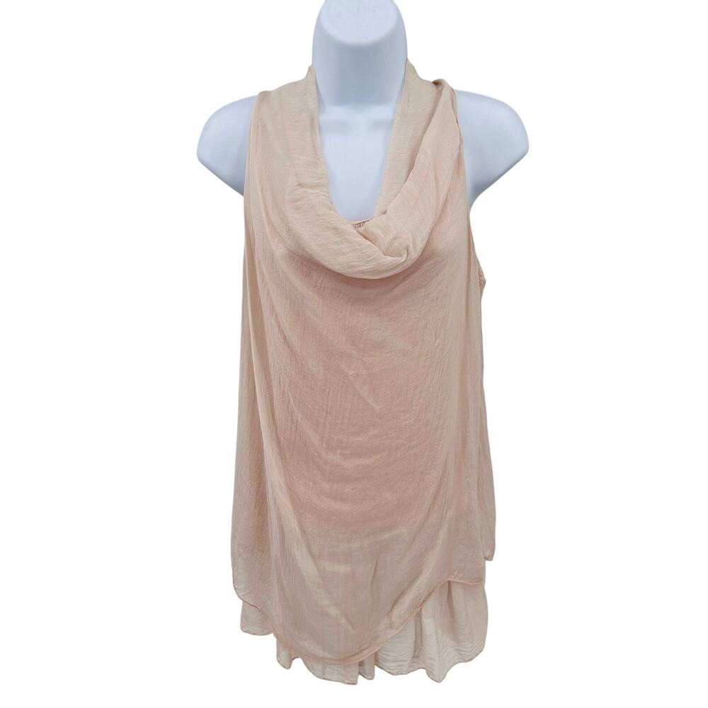 Cosmo Silk Blouse Womens M Light Pink Cowl Neck Layered Sleeveless Lightweight